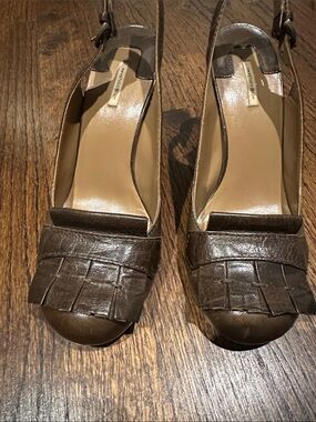 Max Studio Brown Leather Slingback Heels with Fringe Detail